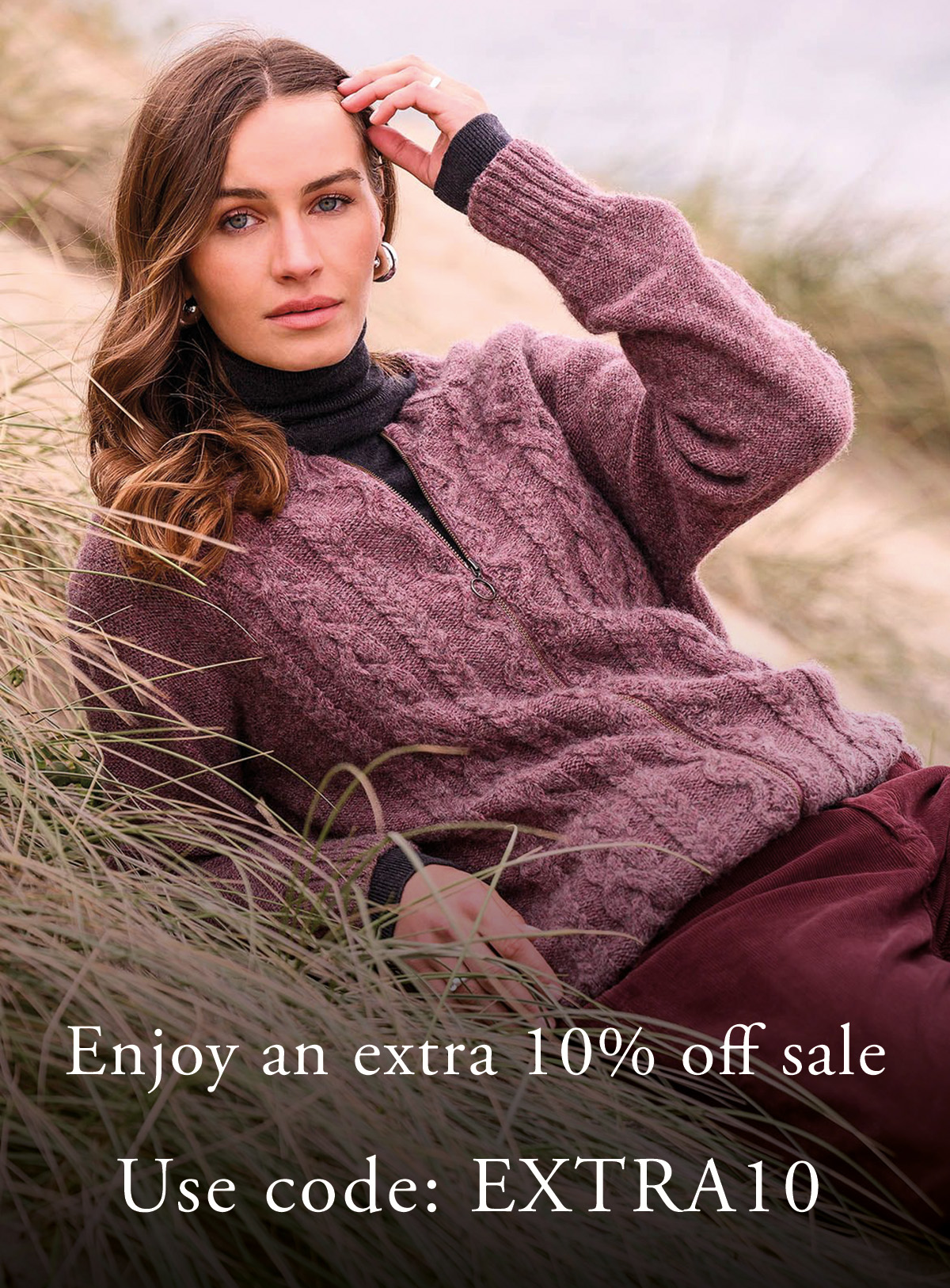 Enjoy an extra 10% off sale. Use code: EXTRA10. Image: British Cable Zip Cardigan