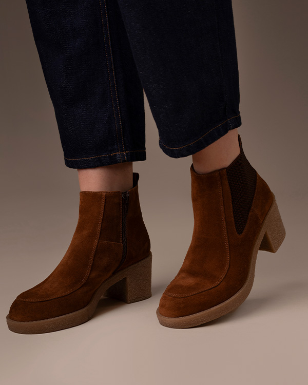 Crepe Mid Heel High Ankle Boots