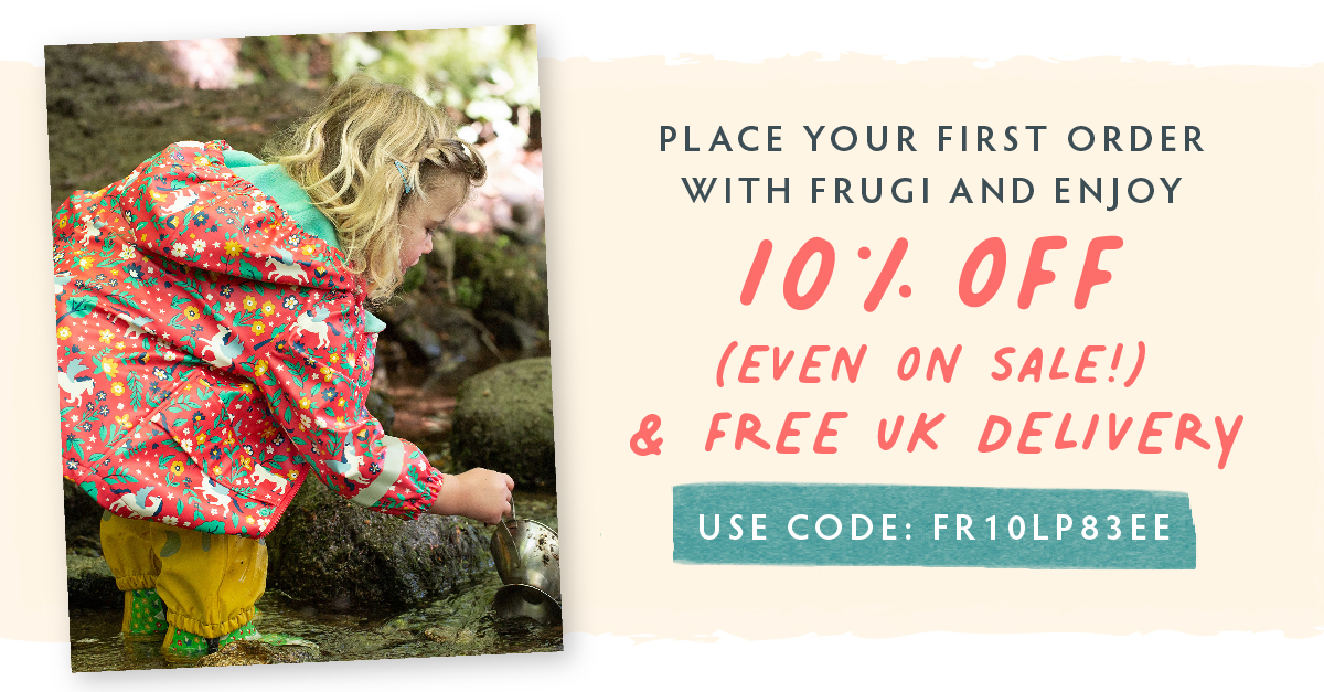 Place your first order with Frugi and enjoy 10% off (even on sale!) and free uk delivery