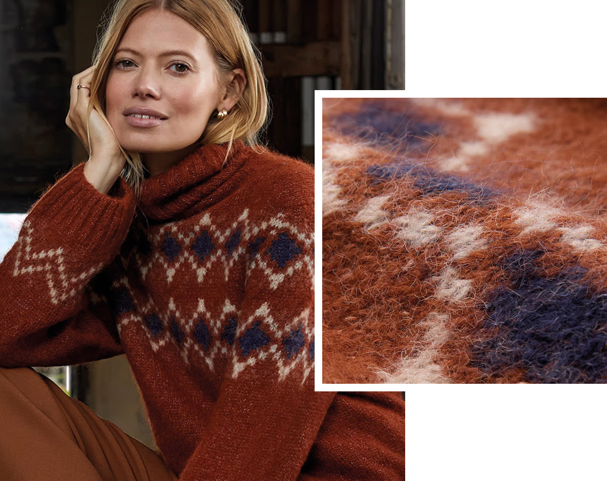 Alpaca Blend Slouch Roll Neck Fair Isle Jumper (rust)