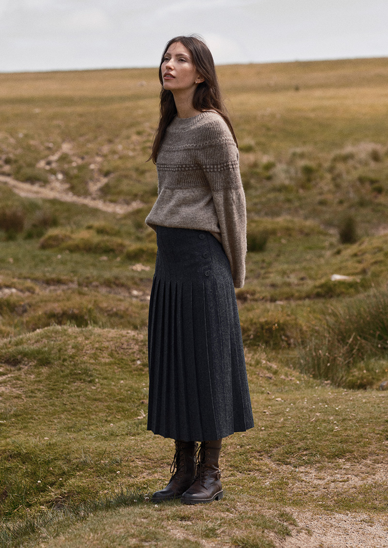 Button Detail Pleated Midi Skirt