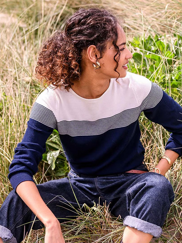 Merino Fine Knit Boat Neck Jumper (navy / ecru)