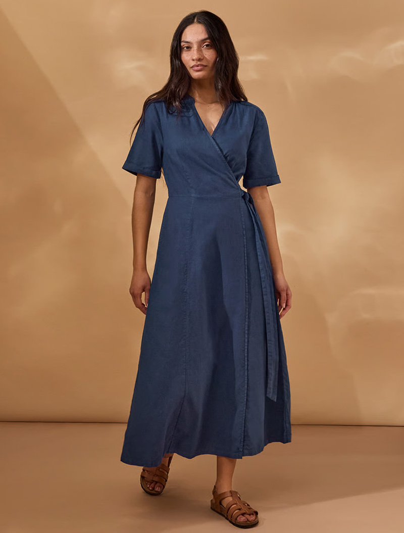 Linen Blend Wrap Midi Dress