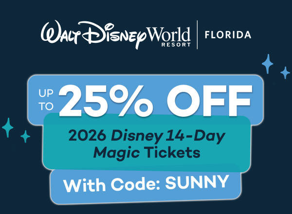 Up to 25% off 2026 Disney 14-Day Magic Tickets with code: SUNNY
