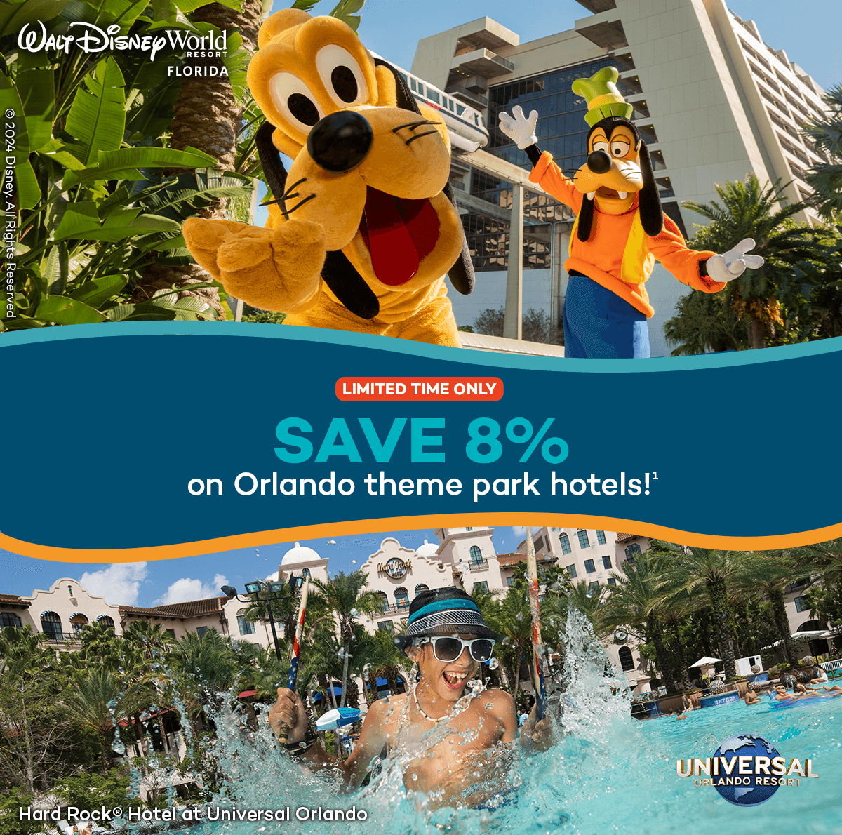 save 8% on Orlando theme park hotels