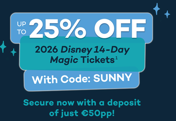 Up to 25% off 2026 Disney 14-Day Magic Tickets with code: SUNNY(1)