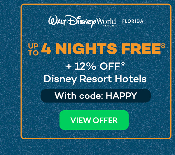 Up to 4 nights free(8) + 12% off(9) Disney Resort Hotels with code HAPPY