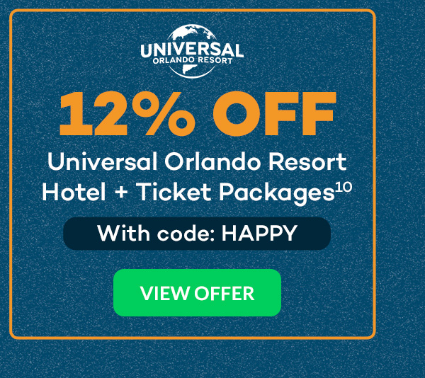 12% off Universal Orlando Resort Hotel + Ticket Packages(10) with code HAPPY