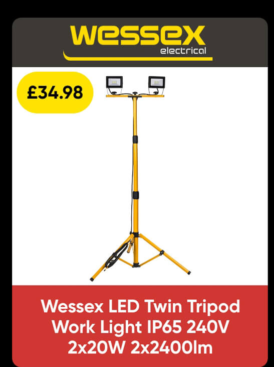 Wessex LED Twin Tripod Work Light IP65 240V 2x20W 2x2400lm