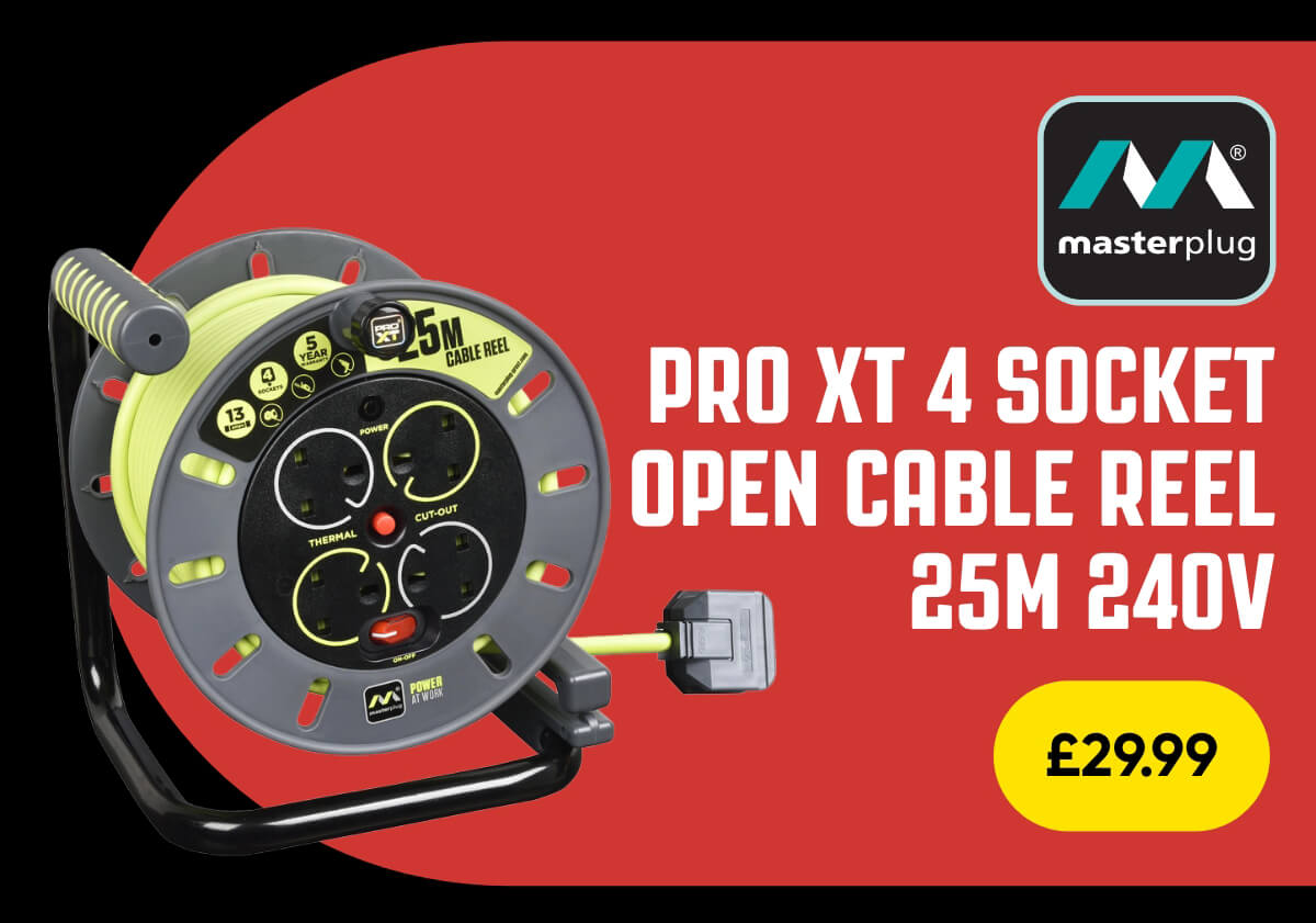 Masterplug Pro XT 4 Socket 13A Open Cable Reel 25m 240V