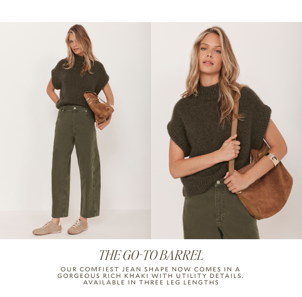 THE GO-TO BARREL. OUR COMFIEST JEAN SHAPE NOW COMES IN A GORGEOUS RICH KHAKI WITH UTILITY DETAILS. AVAILABLE IN THREE LEG LENGTHS