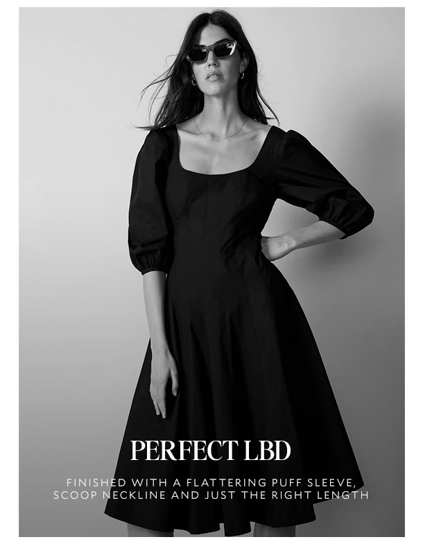  PERFECT LBD. FINISHED WITH A FLATTERING PUFF SLEEVE, SCOOP NECKLINE AND JUST THE RIGHT LENGTH. 