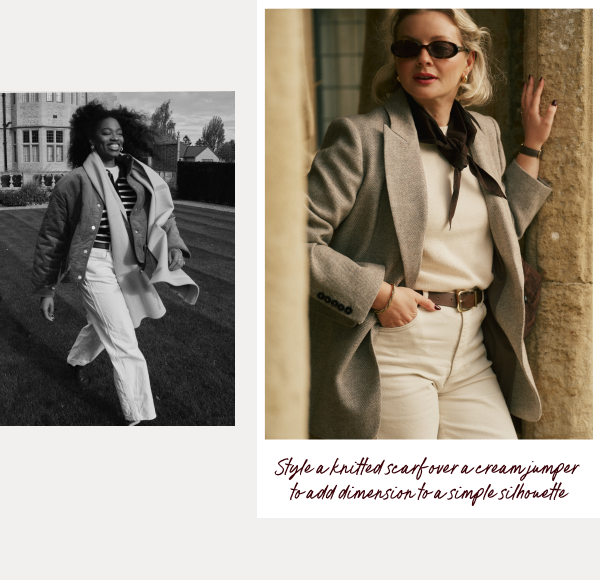 Style a knitted scarf over a cream jumper to add dimension to a simple silhouette