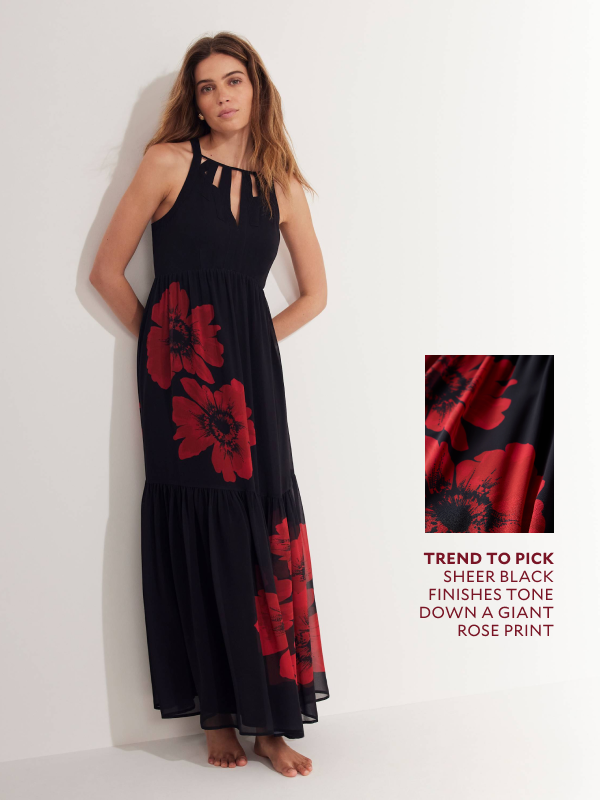 TREND TO PICK. SHEER BLACK. FINISHES TONE. DOWN A GIANT. ROSE PRINT