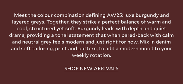 Meet the colour combination defining AW25: luxe burgundy and layered greys. Together, they strike a perfect balance of warm and cool, structured yet soft. Burgundy leads with depth and quiet drama, providing a tonal statement that when pared-back with calm and neutral grey feels modern and just right for now. Mix in denim and soft tailoring, print and pattern, to add a modern mood to your weekly rotation. SHOP NEW ARRIVALS.