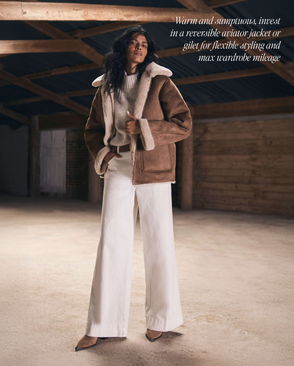 Warm and sumtuous, invest in a reversible aviator jacket or gilet for flexible styling and max wardrobe mileage.