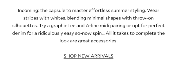 Incoming: the capsule to master effortless summer styling. Wear stripes with whites, blending minimal shapes with throw-on silhouettes. Try a graphic tee and A-line midi pairing or opt for perfect white denim for a ridiculously easy so-now spin… All it takes to complete the look are great accessories. SHOP NEW ARRIVALS