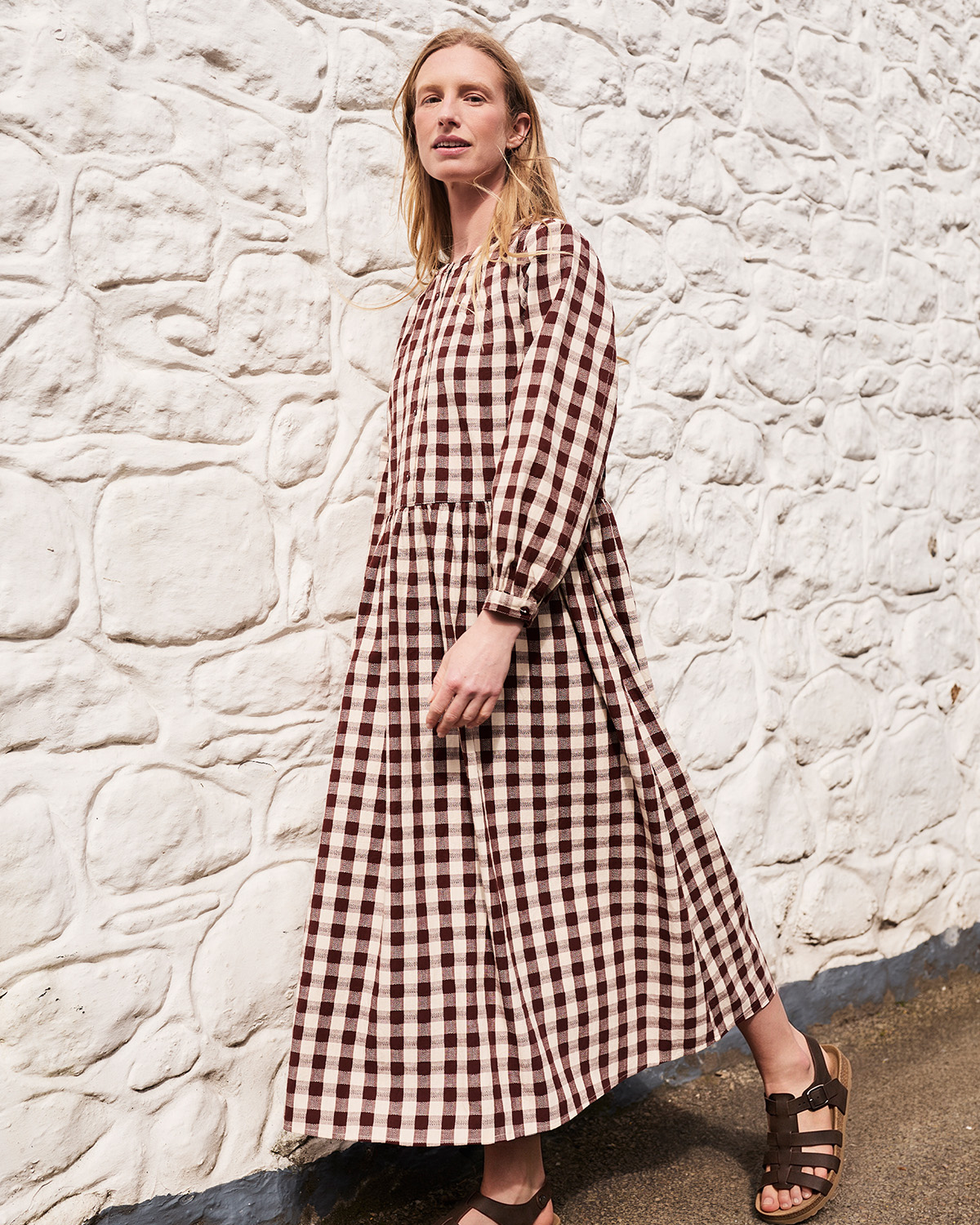 Collarless Gingham Midi Dress