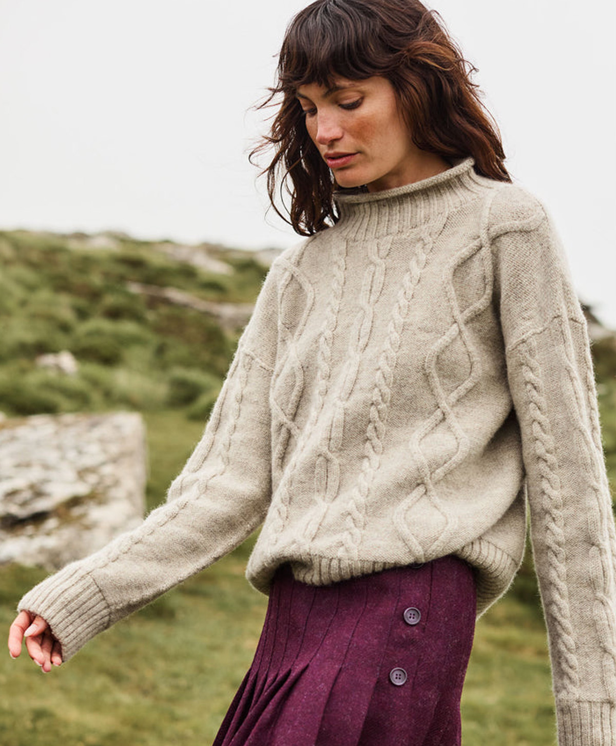 British Wool Cable Funnel Neck Jumper