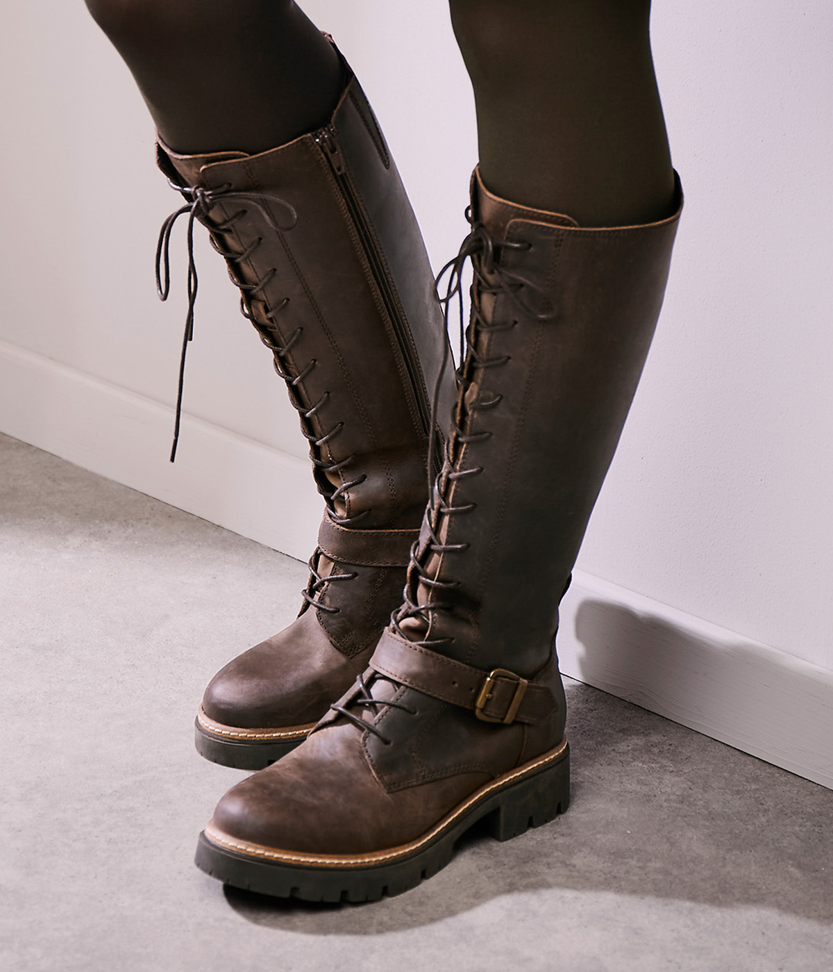 Strap Detail Lace Up Knee Boots