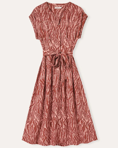 Linen Blend Pleat Waist Midi Dress