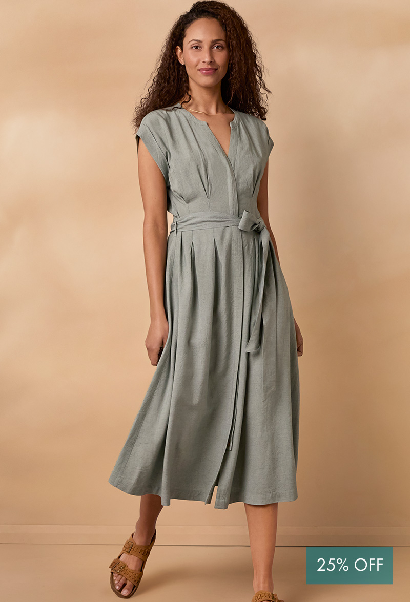 Linen Blend Pleat Waist Midi Dress