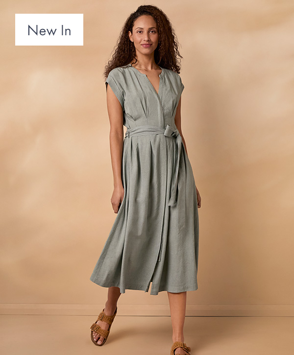 Linen Blend Pleat Waist Midi Dress