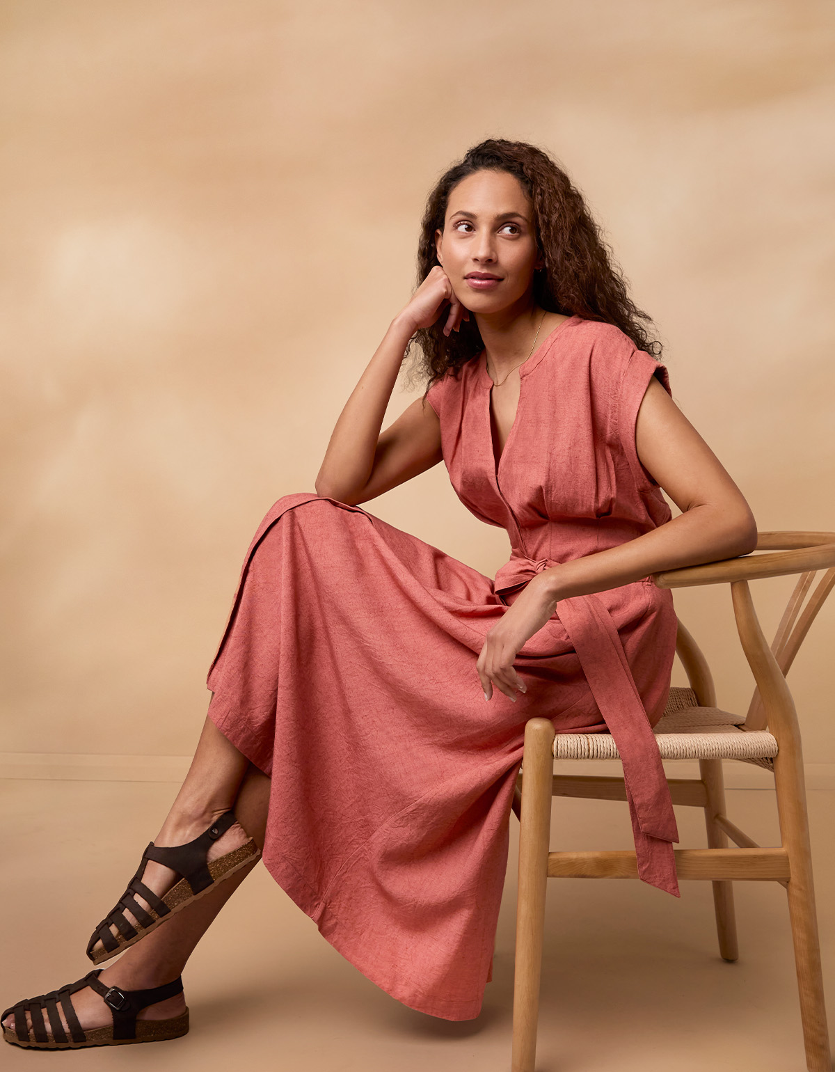 Linen Blend Pleat Waist Midi Dress