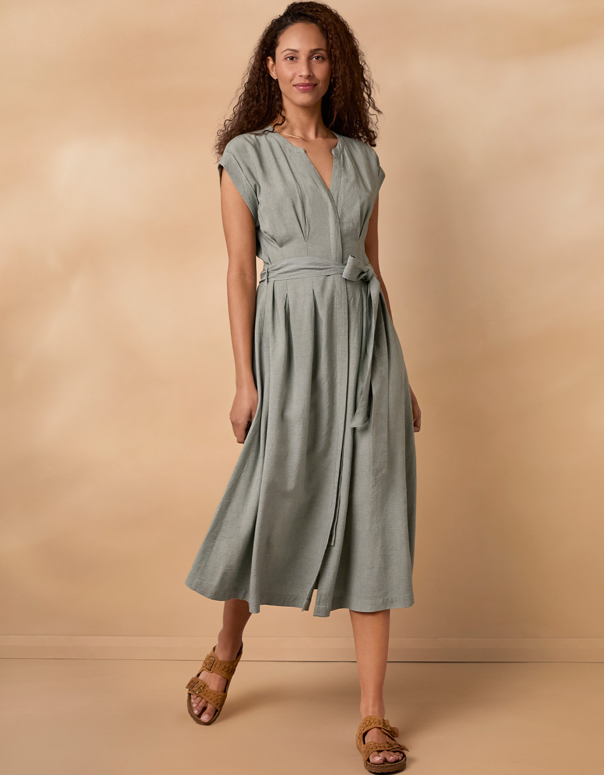 Linen Blend Pleat Waist Midi Dress