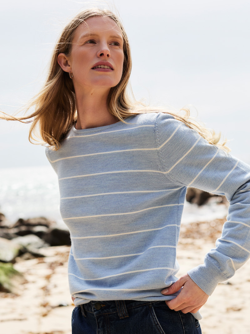 Merino Fine Knit Boat Neck Jumper (vintage blue stripe)