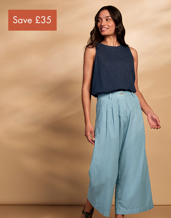 Linen Blend Pleat Front Crop Trouser