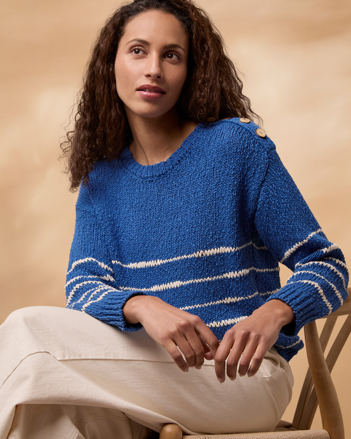 Linen Blend Drop Stitch Breton Jumper (lapis / ecru)