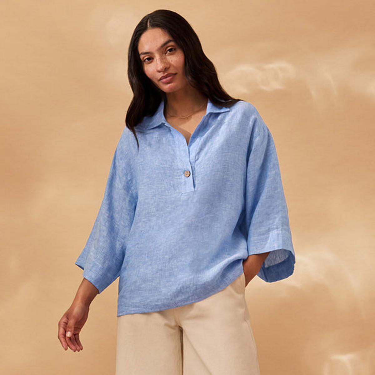 Pure Linen Collared Popover Top