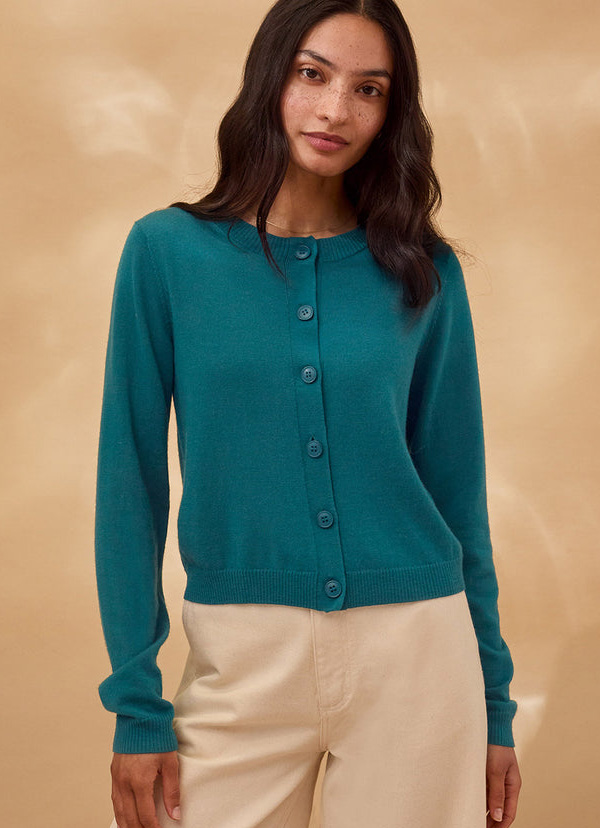 Merino Blend Fine Knit Crew Neck Cardigan