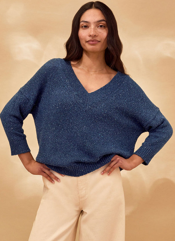Flecked Cotton Silk Blend V Neck Jumper