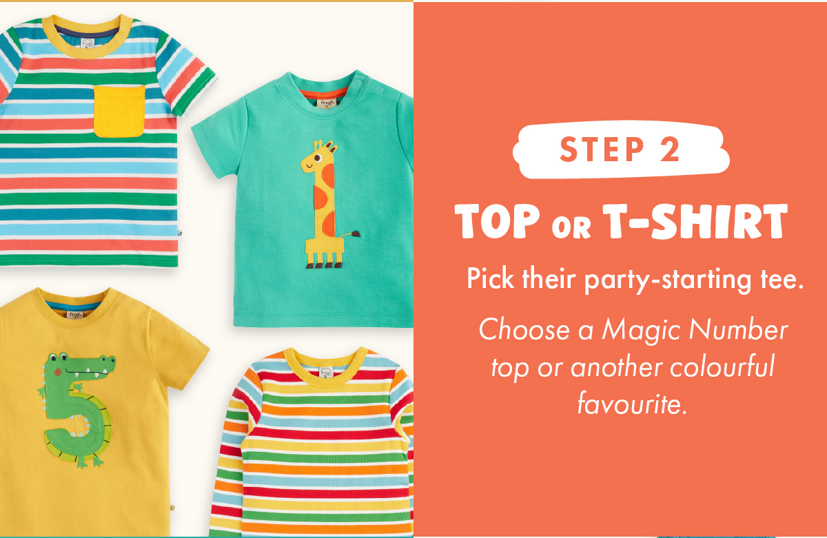 Step 2: Top or T-Shirt. Pick their party starting tee. Choose a magic number top or another colourful favourite.