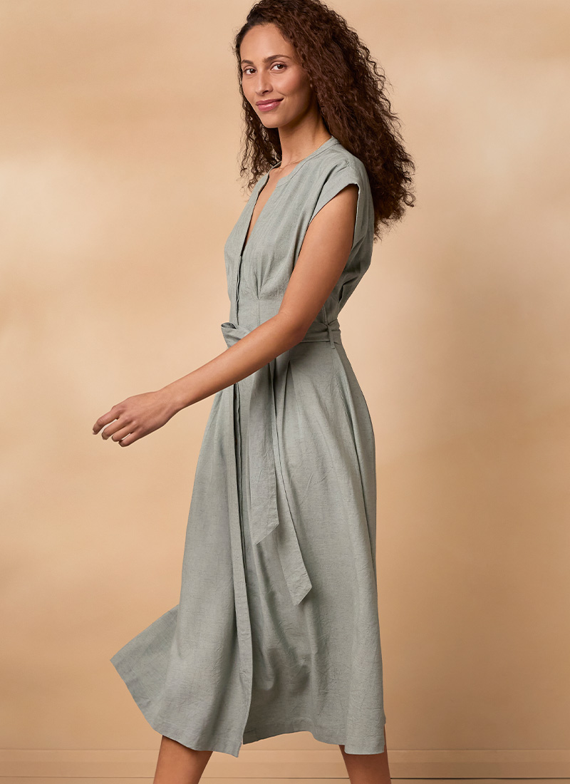 Linen Blend Pleat Waist Midi Dress