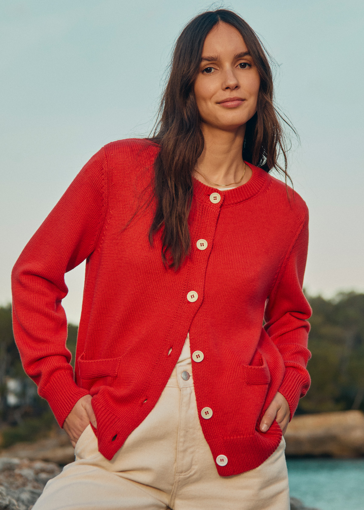 Crew Neck Cardigan (Orange Red)