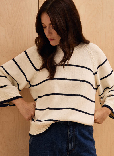 Raglan Crop Sleeve Crew Jumper (ecru stripe)