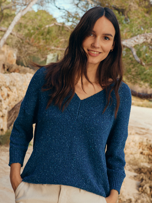 Flecked Cotton Silk Blend V Neck Jumper (mid blue)