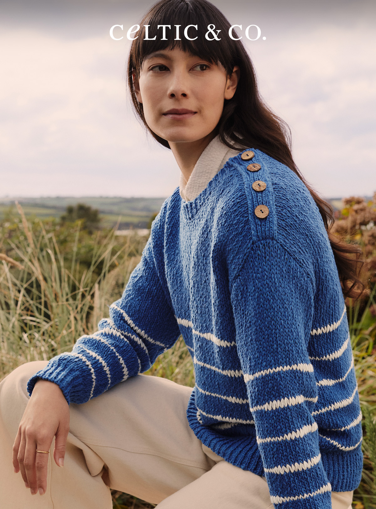Linen Blend Drop Stitch Breton Jumper (lapis / ecru)
