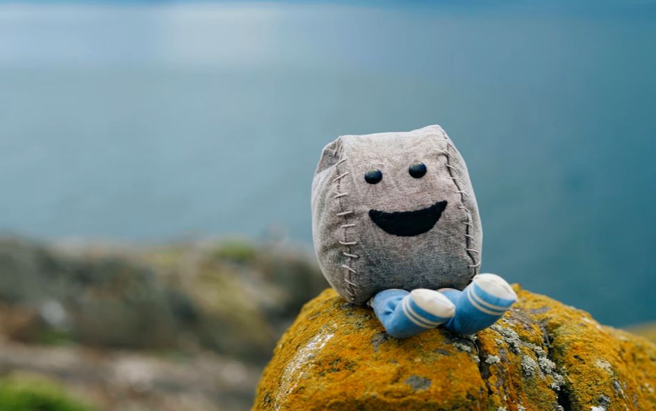 A small plush with a grey, stitched square head and a smiling face sitting on a moss-covered rock.