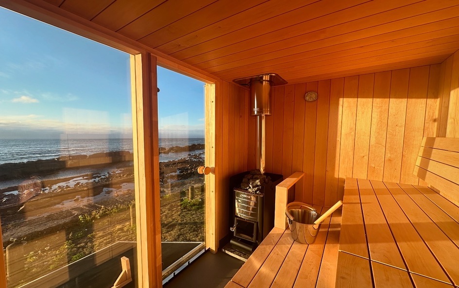 A sauna room with a wood stove and a window