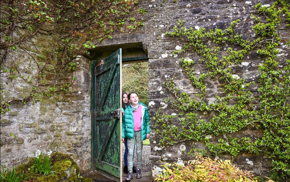 Two children standing in a partially open green wooden door set in an old stone wall covered with green ivy.