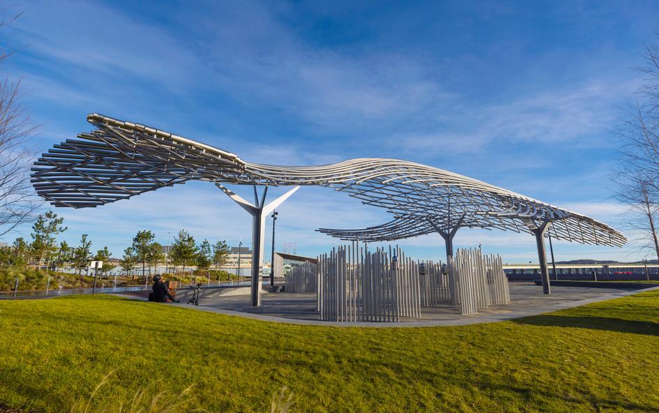 A sauna room with a wood stove and a window