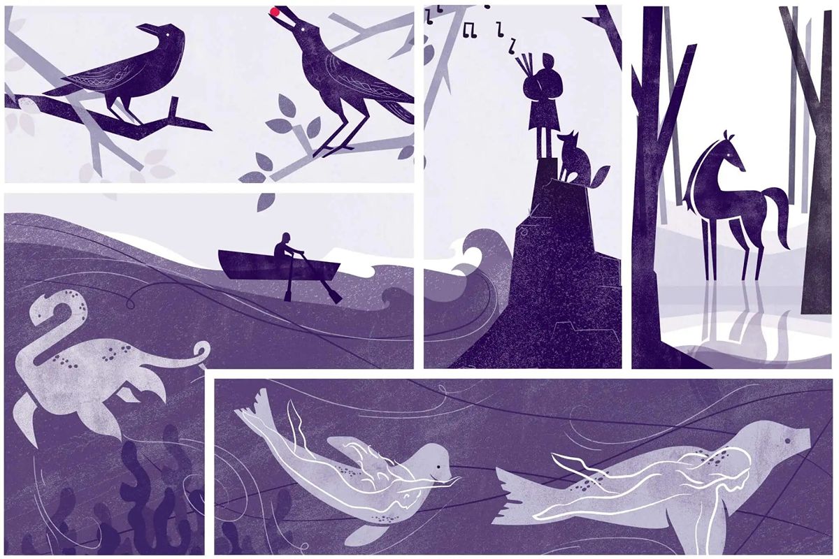 A digital illustration divided into five panels depicting various nature scenes in shades of purple and white.