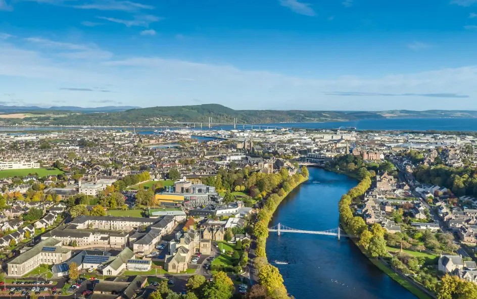 Birds eye view of Inverness cityscape.