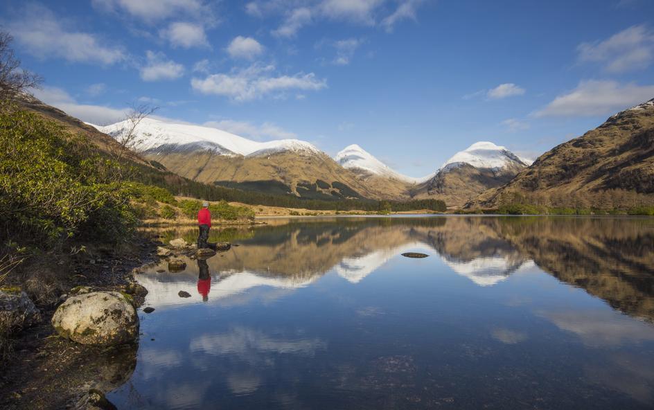 A person standing on a rock in front of a loch with snow-capped mountain in background