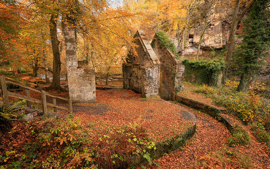 Autumnal walk with a ruined building