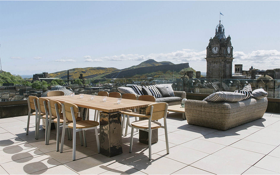 Panoramic view across edinburgh from luxury balcony